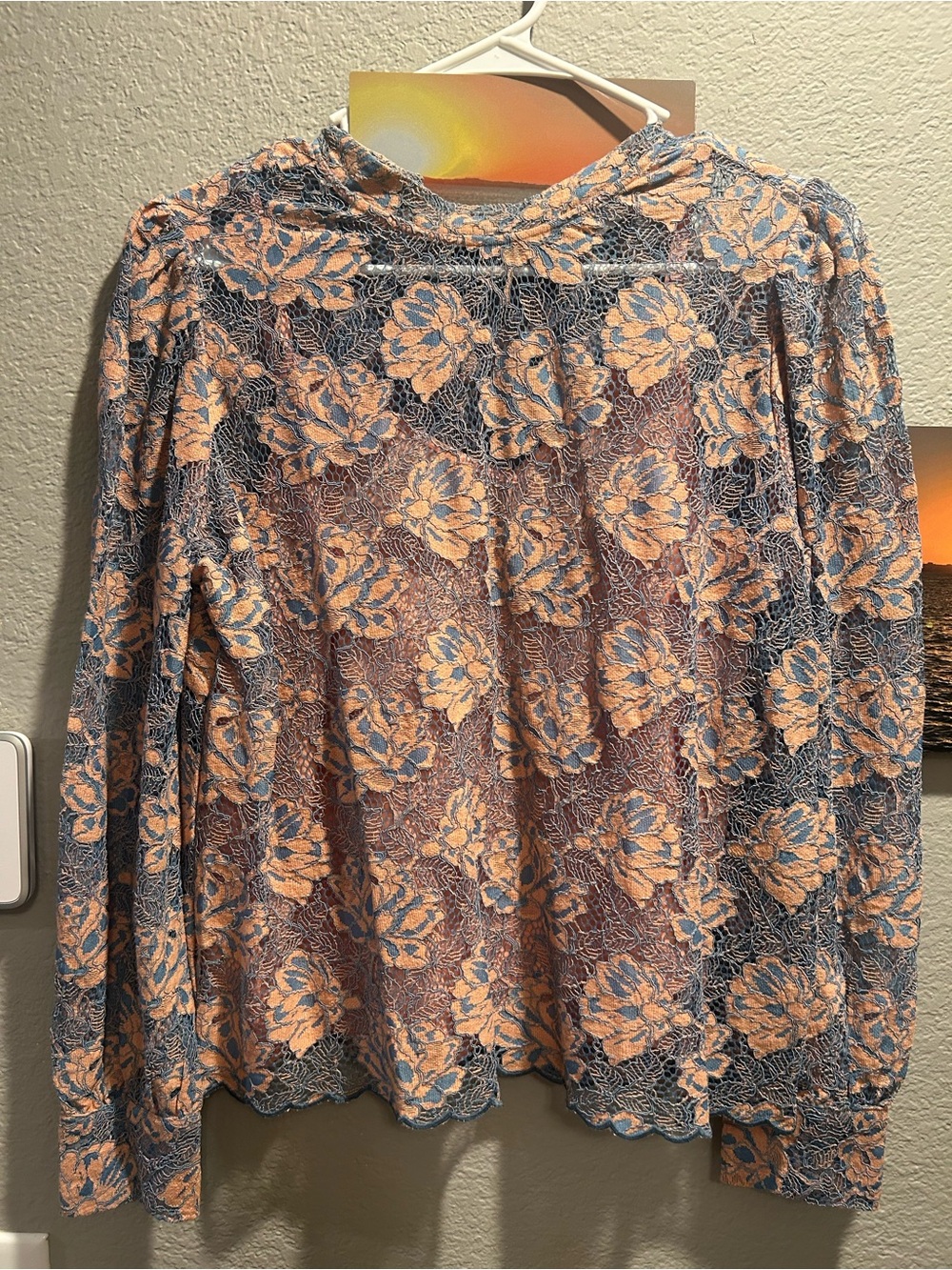 LOFT Blue and Peach Lace Floral Blouse - never worn